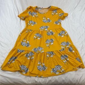 Como Vintage Mustard Floral Tiered Dress XL Made in USA Stretch Swing Dress